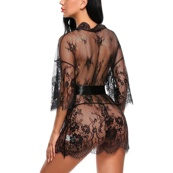New! Women's Black Mesh Babydoll Nightgown | Lace Kimono Robe Lingerie - Picture 5 of 6